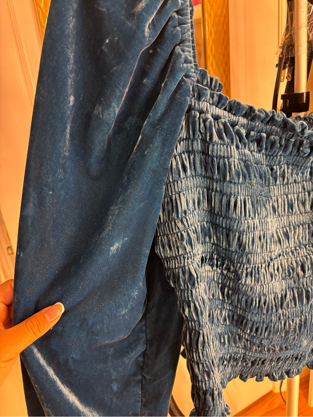 Anthropologie Gold Puff-Sleeved Velvet Blouse Turquoise - Picture 4 of 5